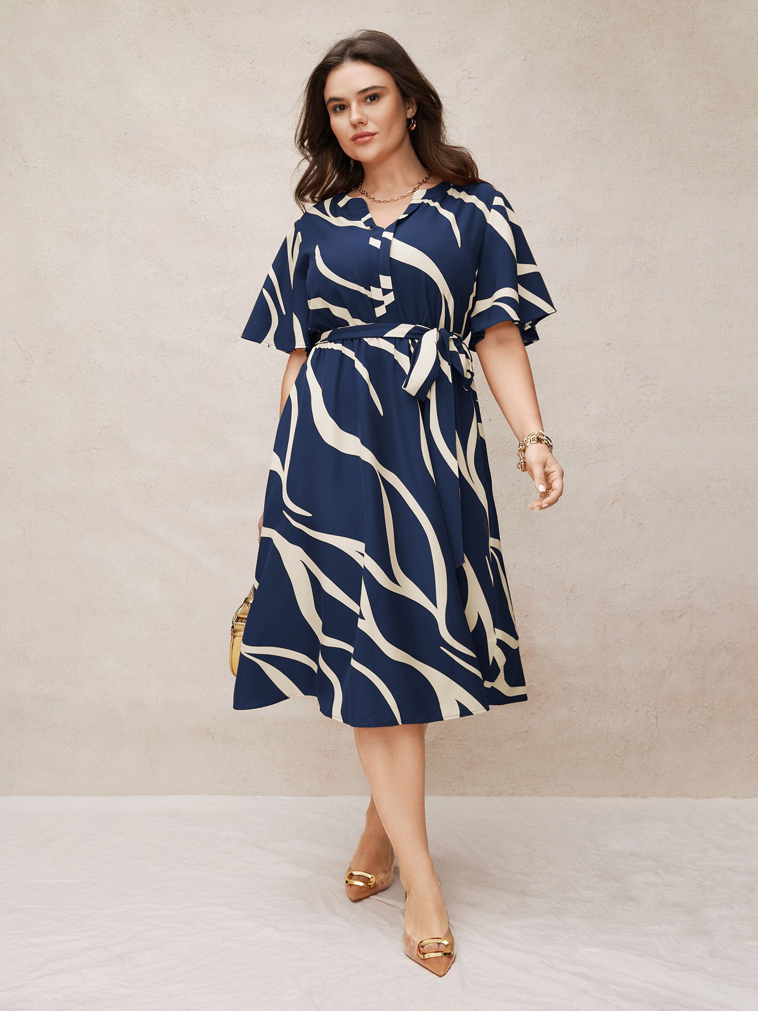 Geometric Surplice Neck Tie Knot Midi Dress