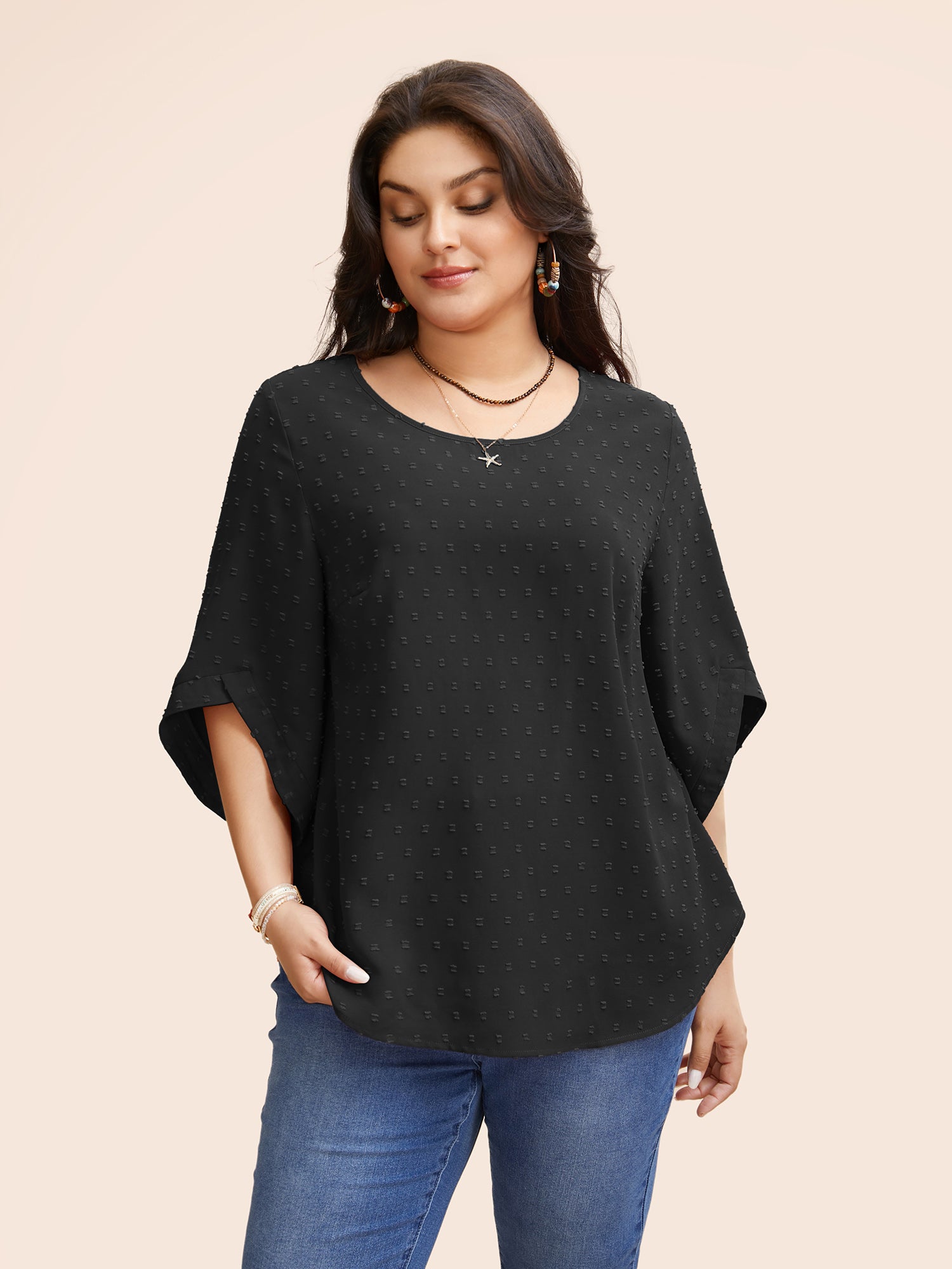 Textured Round Neck Bell Sleeve Blouse