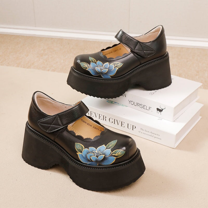 Retro Cowhide Leather Mary Jane 70mm Platform Shoes with Floral Print in Black