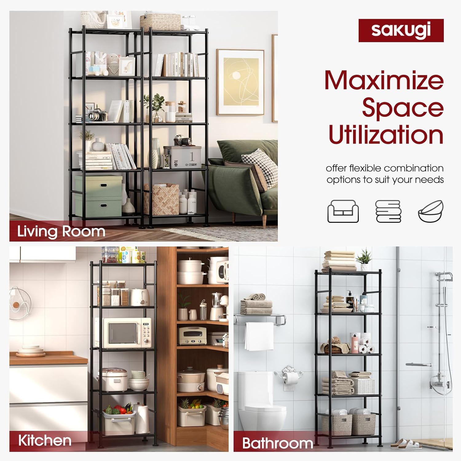 Storage Shelves - 5 Tier Shelf Organizer, Heavy Duty Garage Shelving Unit with Leveling Feet, Stable Metal Shelves Organizer for Pantry, Kitchen and Closet, 33.0