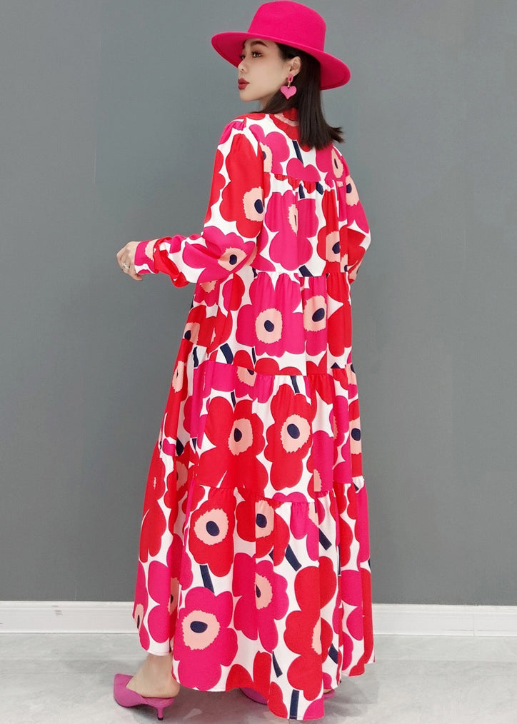 Plus Size Red Stand Collar Print Patchwork Wrinkled Cotton Long Dress Long Sleeve