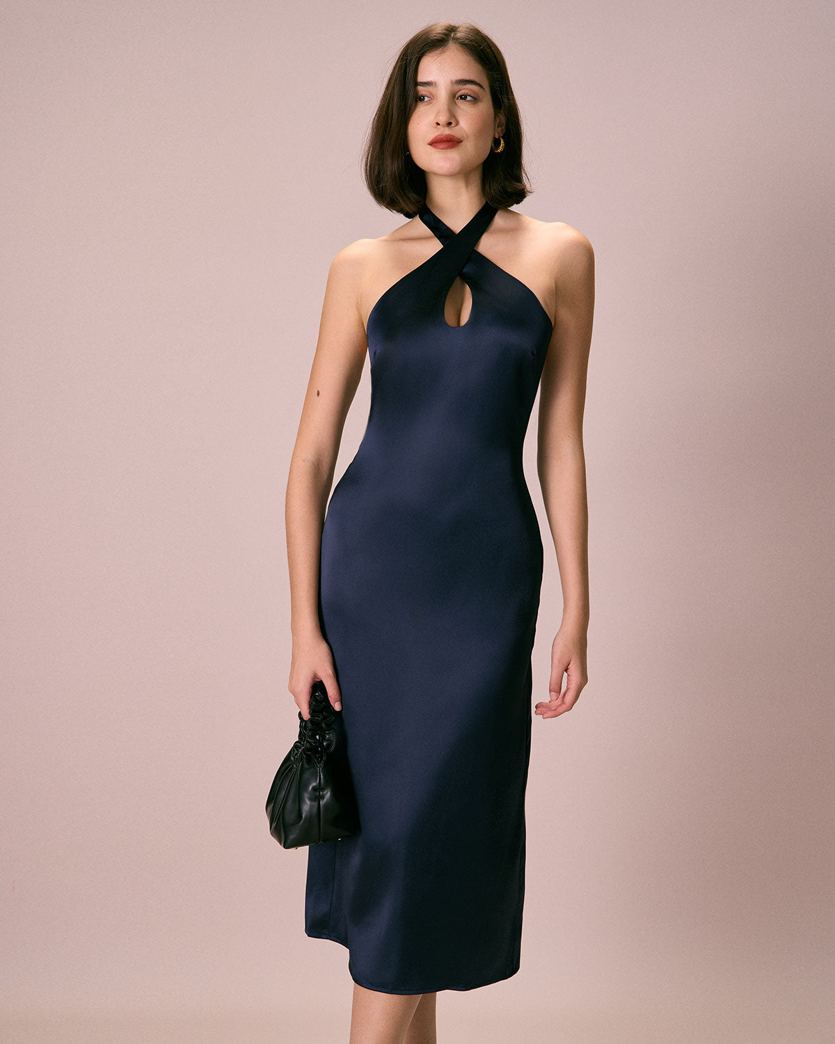 The Navy Cut-Out Satin Halter Midi Dress