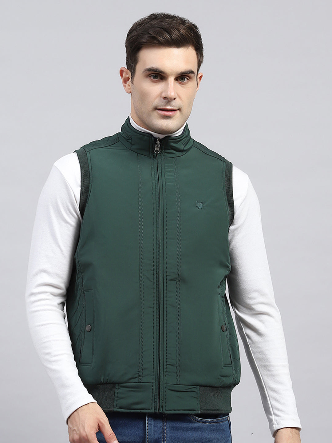 Men Green Solid Mock Neck Sleeveless Reversible Jacket