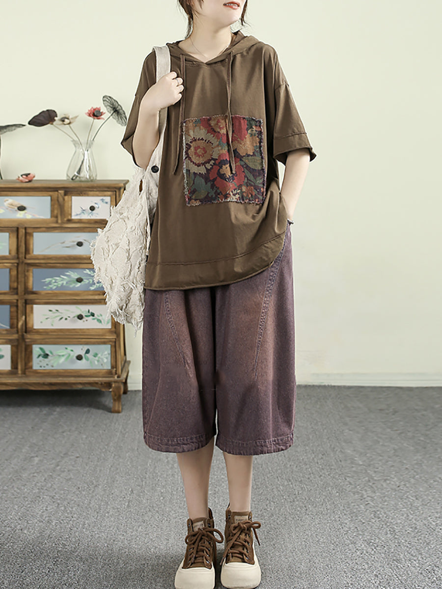 Women Summer Retro Flower Patch 100%Cotton Hooded Shirt