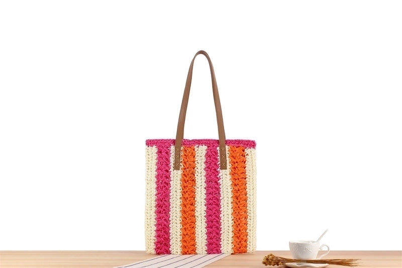 Women's Large Straw Color Block Vacation Zipper Straw Bag