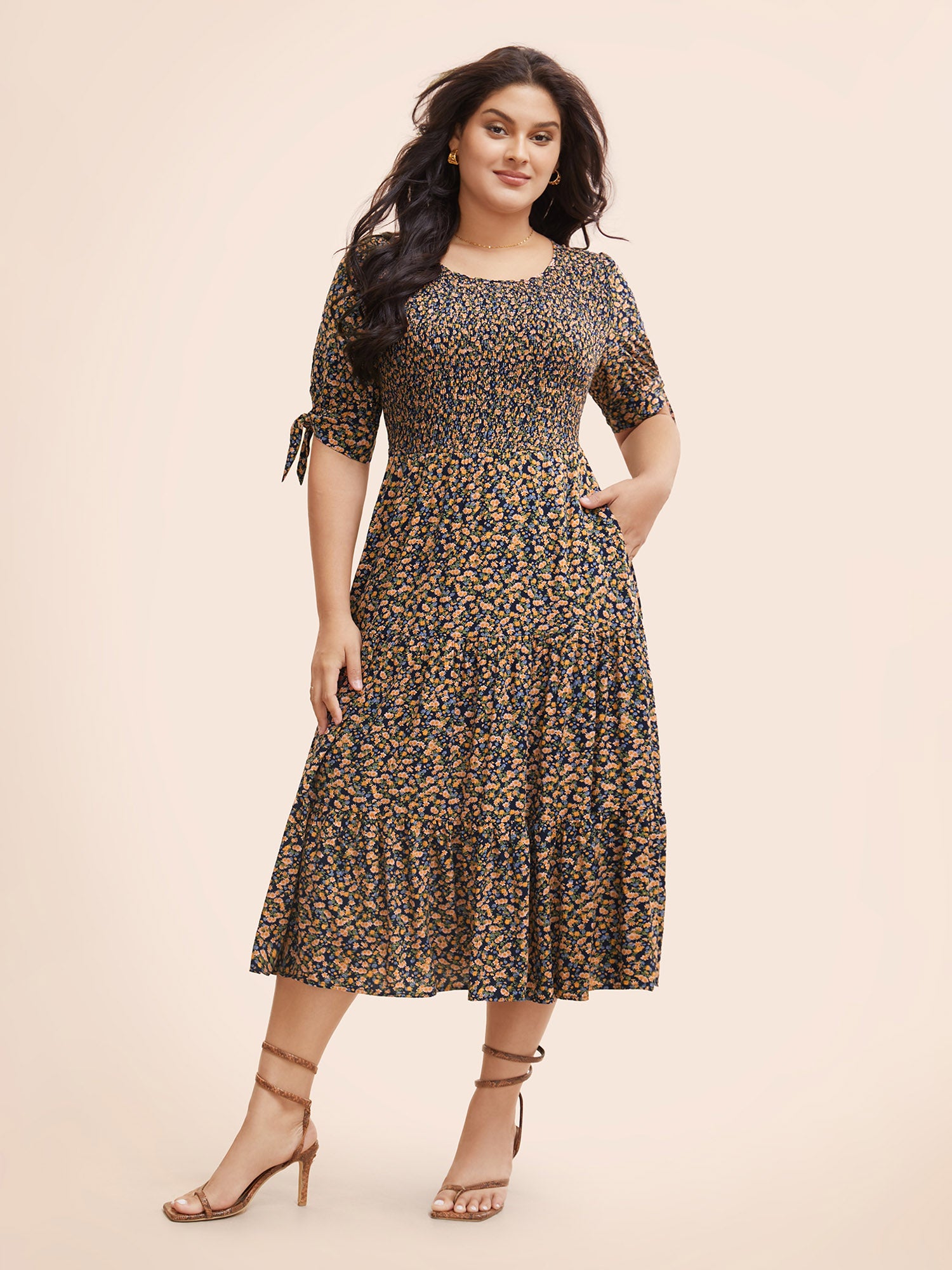 Ditsy Floral Shirred Ruffle Layered Hem Dress