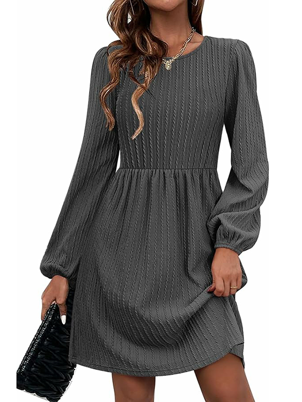 A-Line Long Sleeves Jacquard Solid Color Round-Neck Mini Dresses