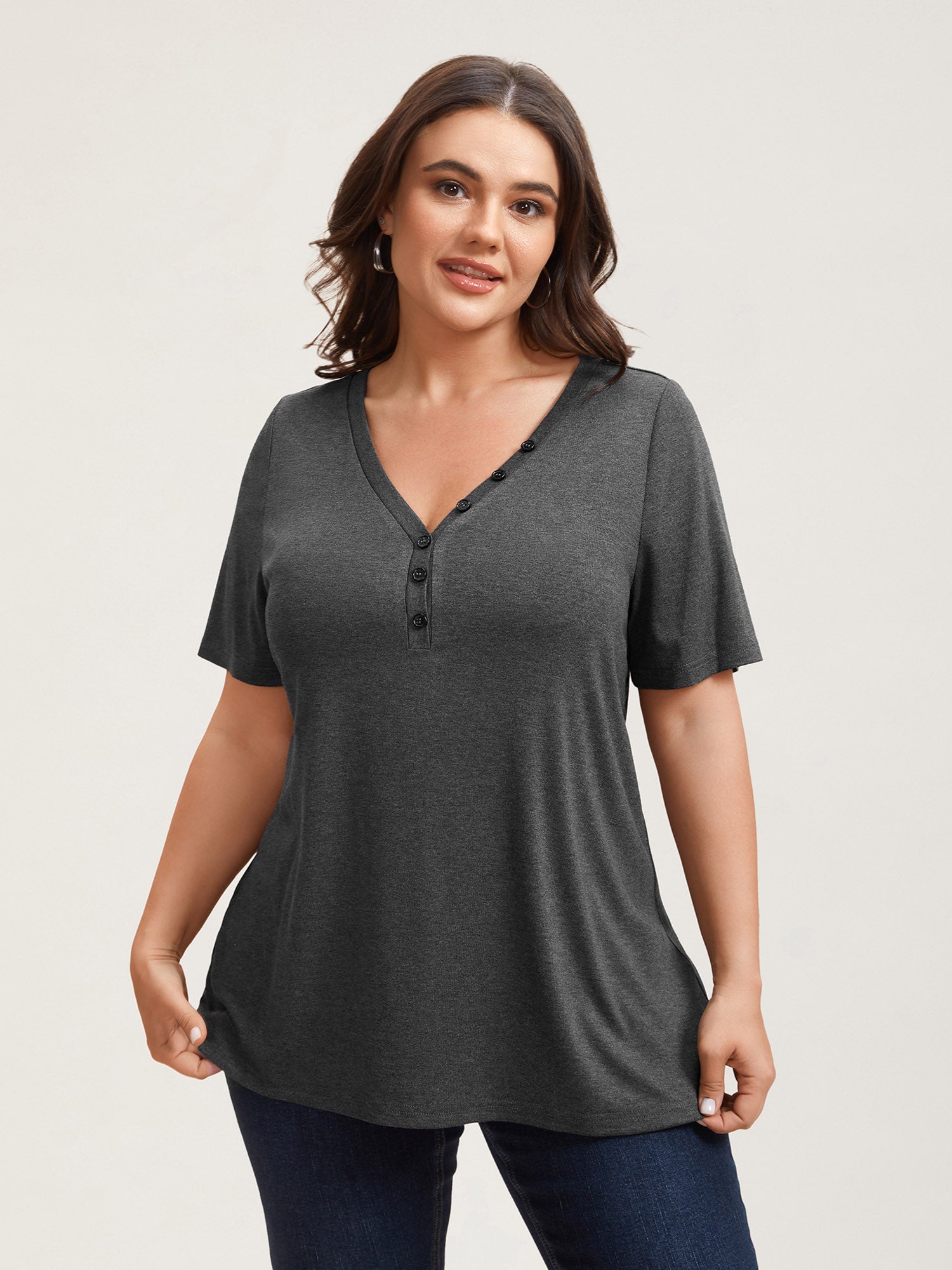 Adjustable Neck Coverage Button Placket T-Shirt