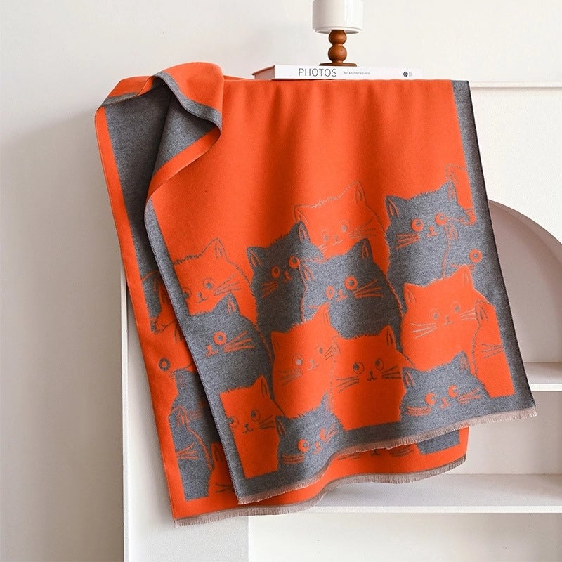 Women's Cute Streetwear Cartoon Cat Cotton Polyester Scarf
