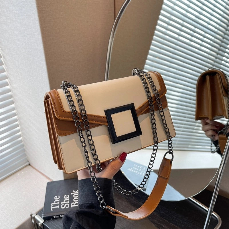 Simple Generous And Personalized Twist Lock Bag  New Fashion Contrast Color Bag Chain Shoulder Messenger Bag Small Square Bag