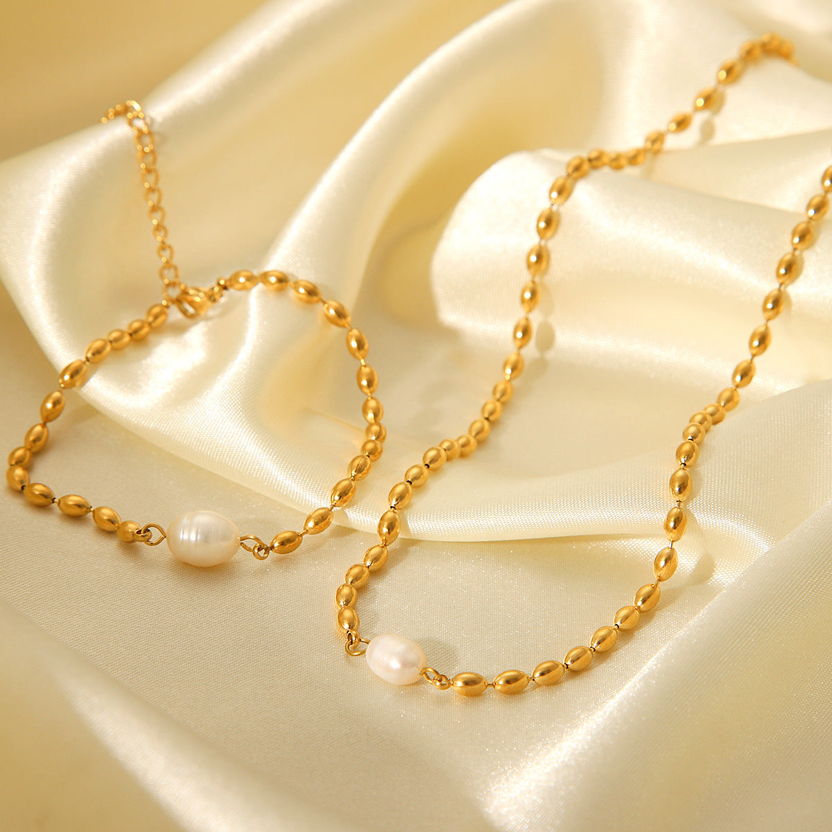 Processing And Customization Of Natural Freshwater Pearl Oval Gold Bean Necklace Stainless Steel Bracelet Titanium Steel