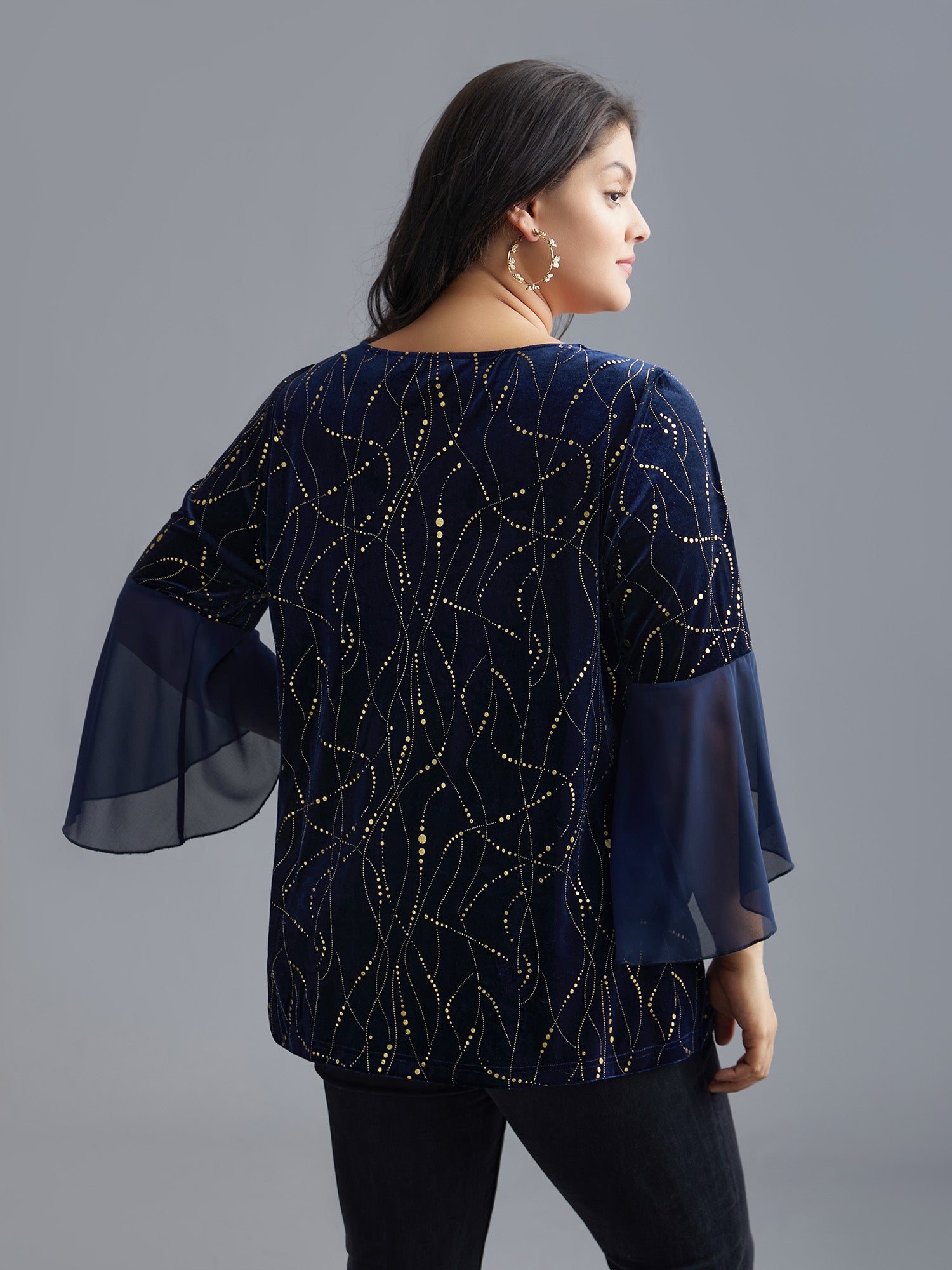 Velvet Glitter Mesh Bell Sleeve Patchwork Blouse