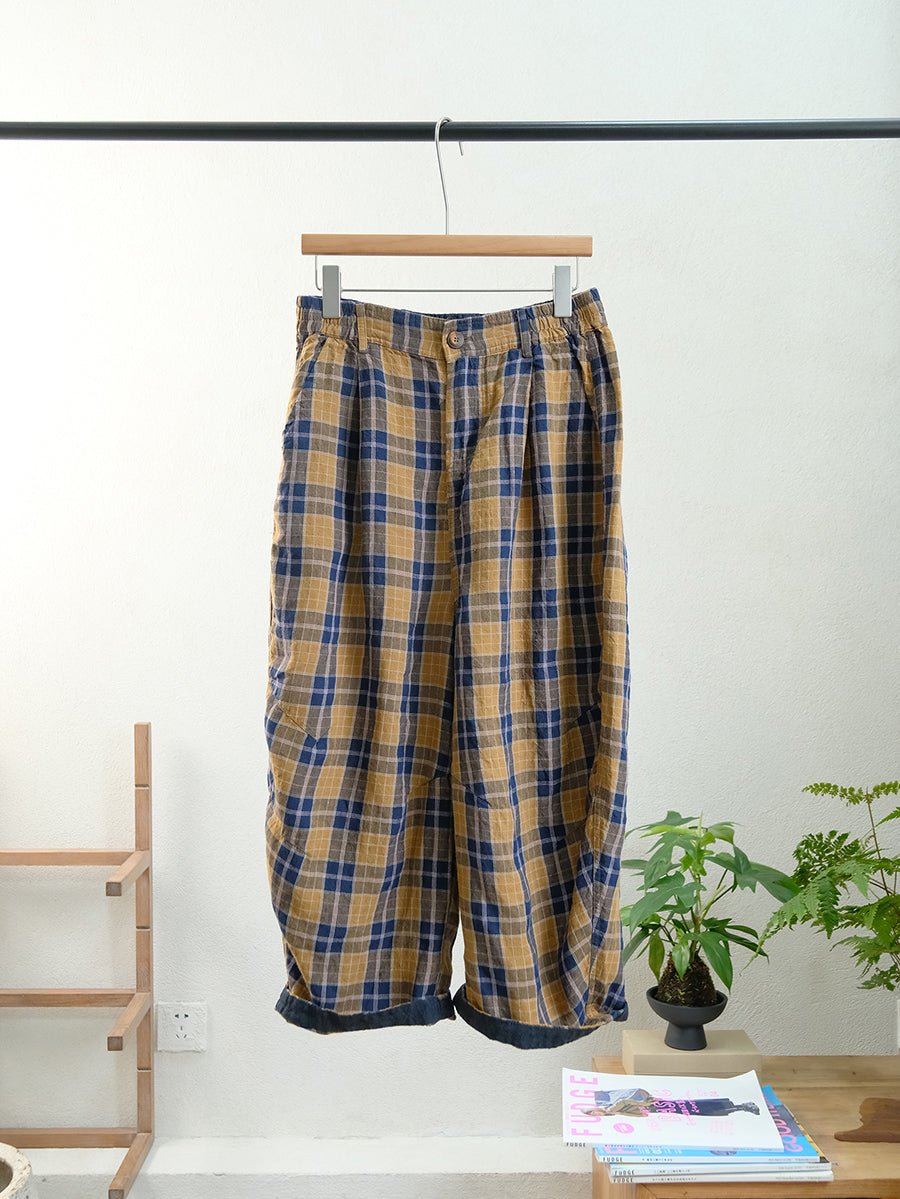 Women Summer Vintage Plaid Linen Wide-leg Pants