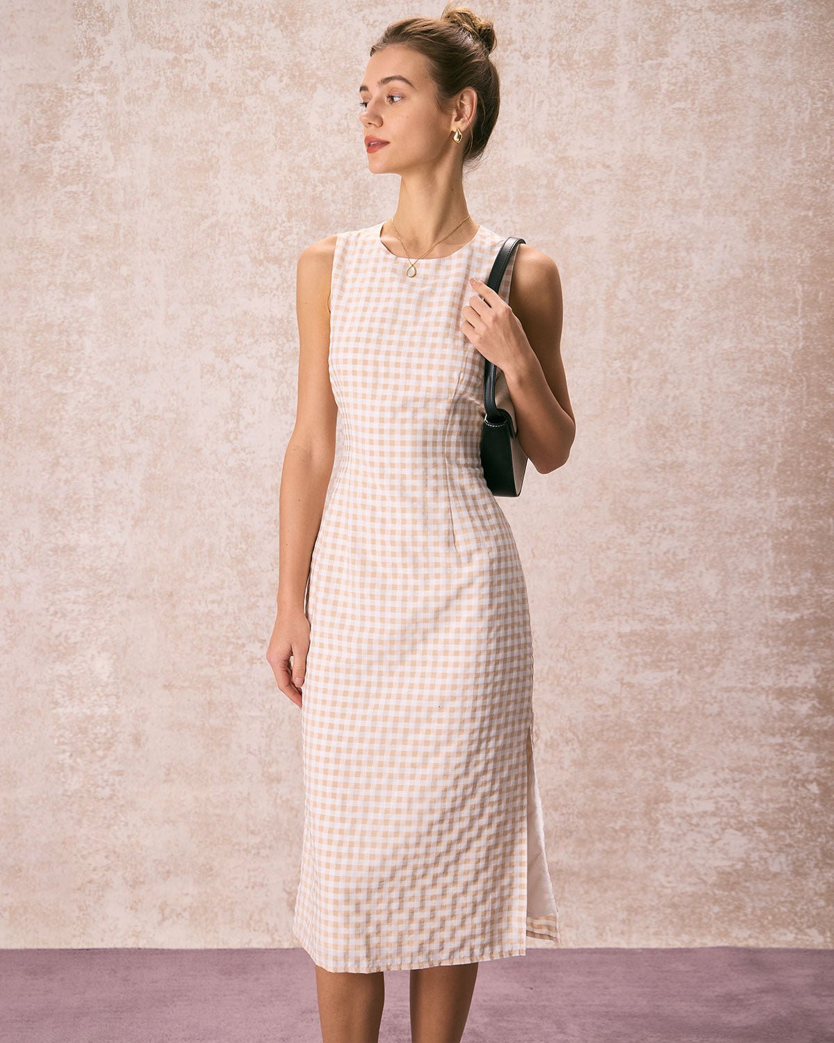 The Beige Round Neck Plaid Slit Midi Dress