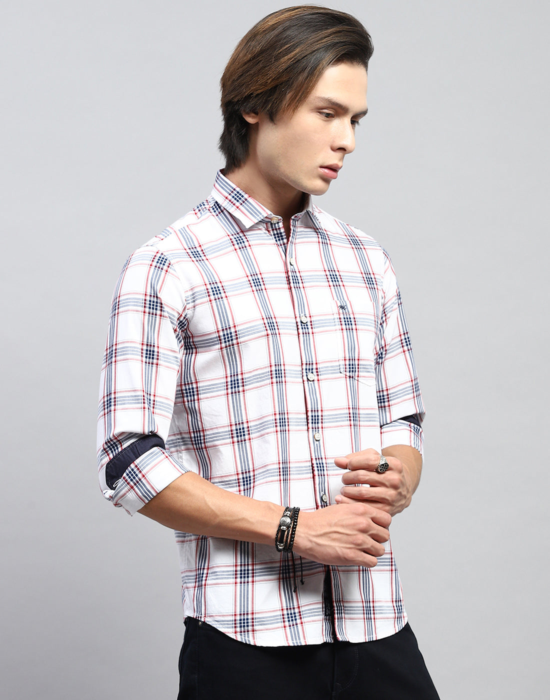 Men White Check Collar Full Sleeve Shirt