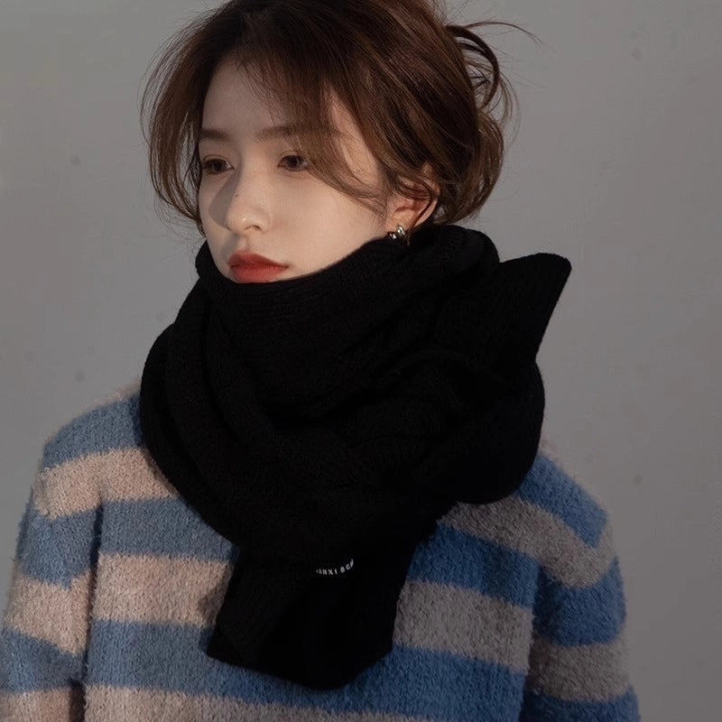 Solid Color Scarf Women's Winter Thickened Warm Shawl Wool   Positive And Negative Knitted Scarf Student Fashion