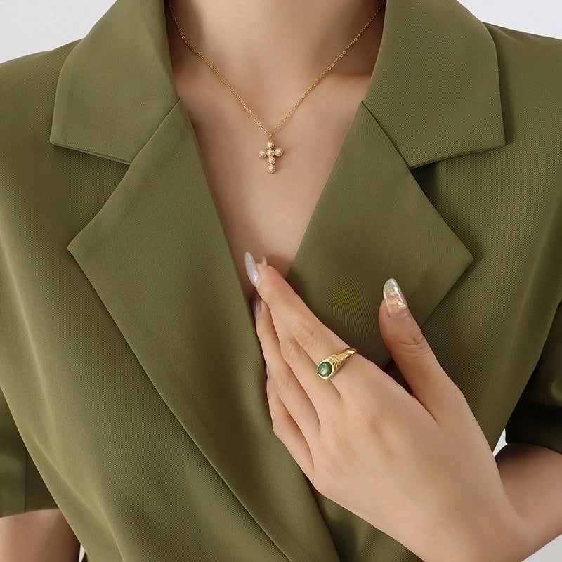 Minimalist Cross 304 Stainless Steel Artificial Pearls 18K Gold Plated Plating Inlay Pendant Necklace