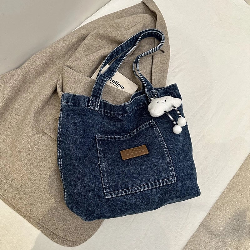 Women's Denim Letter Vintage Style Sewing Thread Square Magnetic Buckle Tote Bag