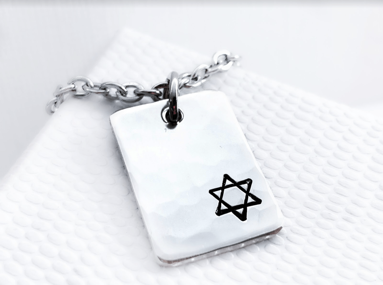 Small Star of David Hammered Rectangle Necklace - Sterling Silver