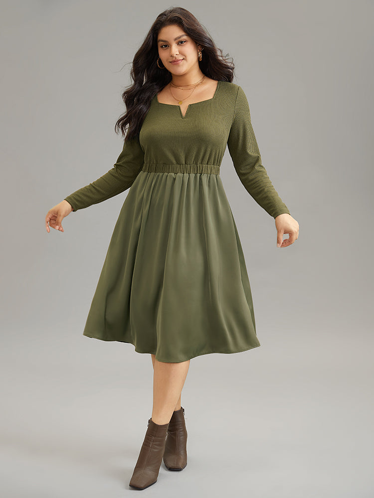 Twill Patchwork Elastic Waist Gathered Dress