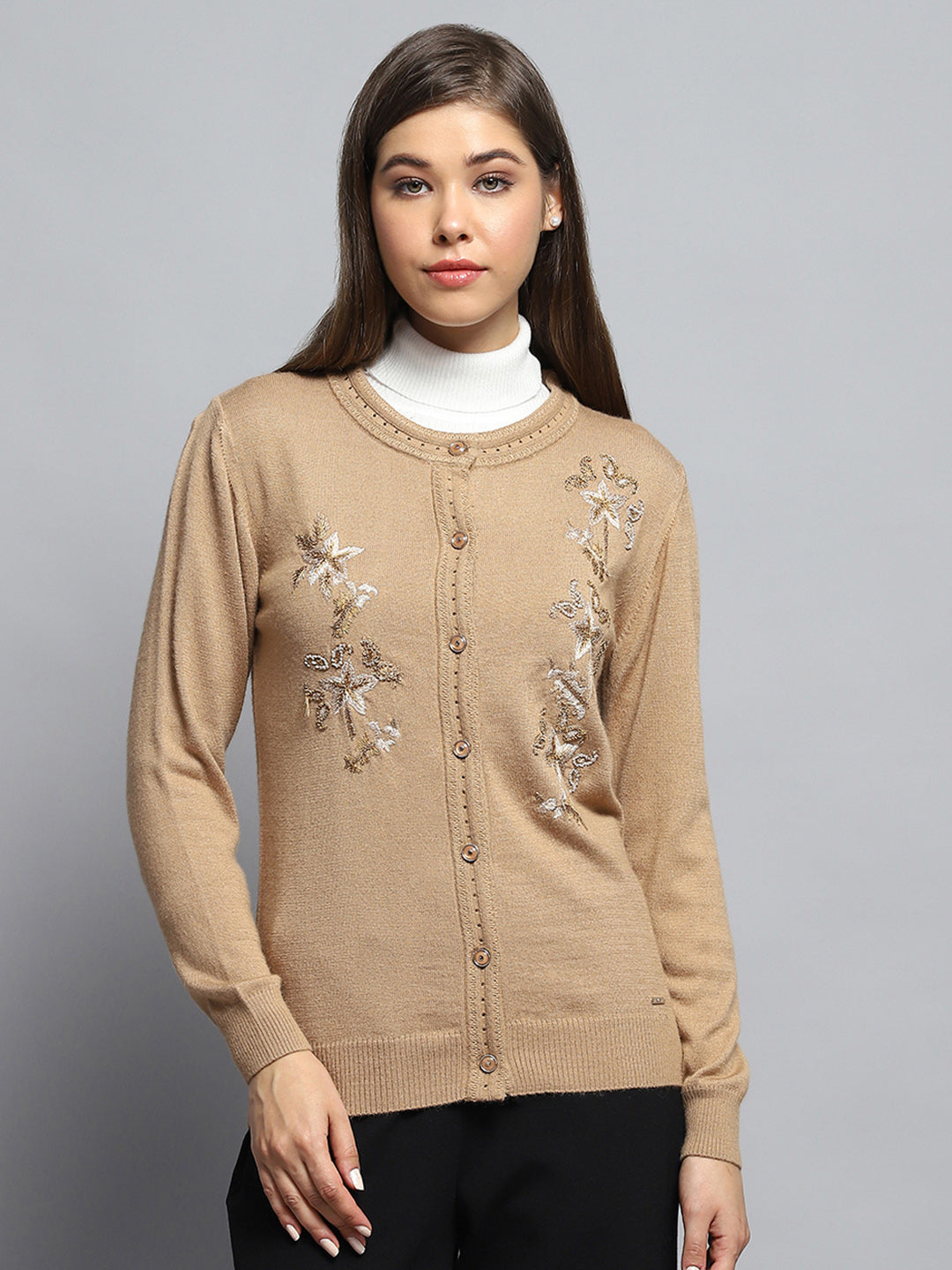 Women Brown Self Design Round Neck Full Sleeve Cardigan