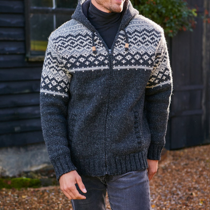 Mens Vintage Fair Isle Knitted Hooded Cardigan