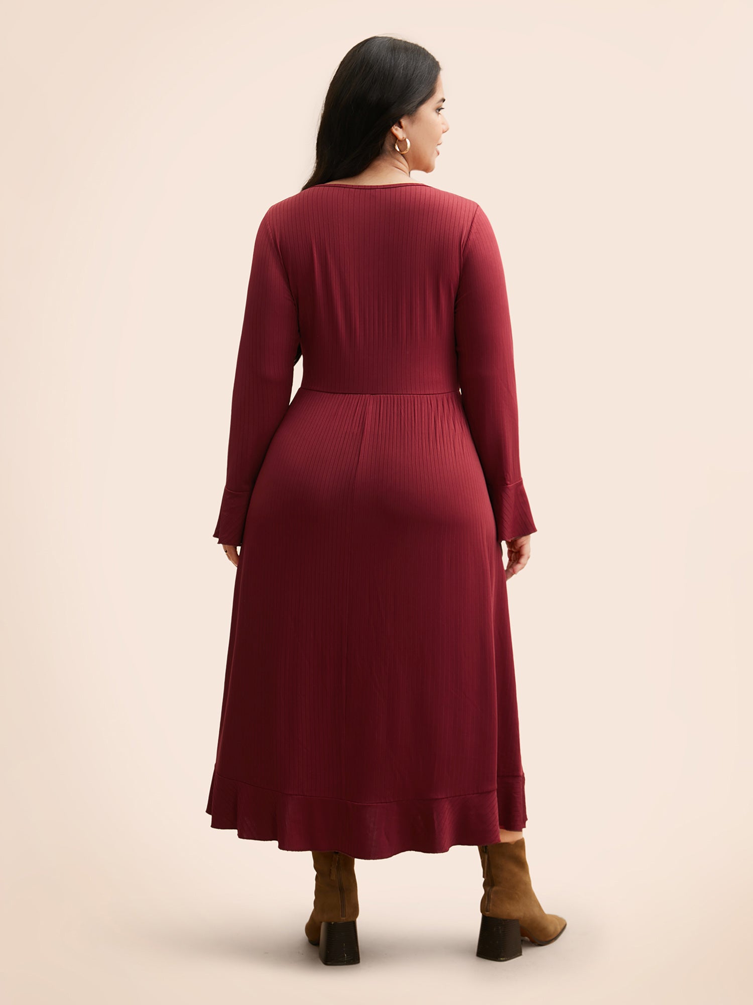 V Neck Button Detail Rib Knit Dress