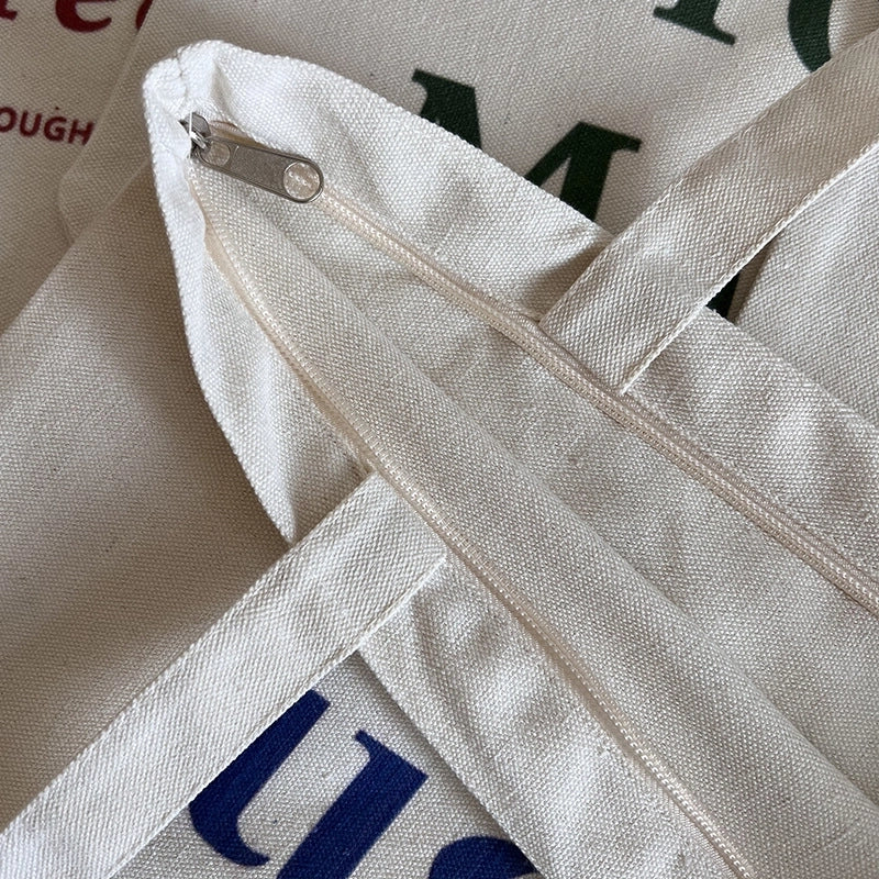 Women's Large Canvas Letter Basic Classic Style Zipper Canvas Bag