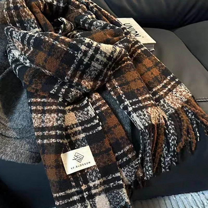 New Plaid Autumn And Winter White Scarf Women's  Atmosphere Warm Soft Tassel Shawl Scarf