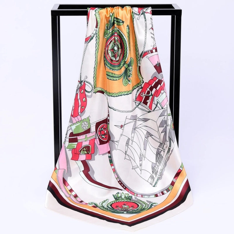 Women's Elegant Ship Satin Printing Silk Scarf
