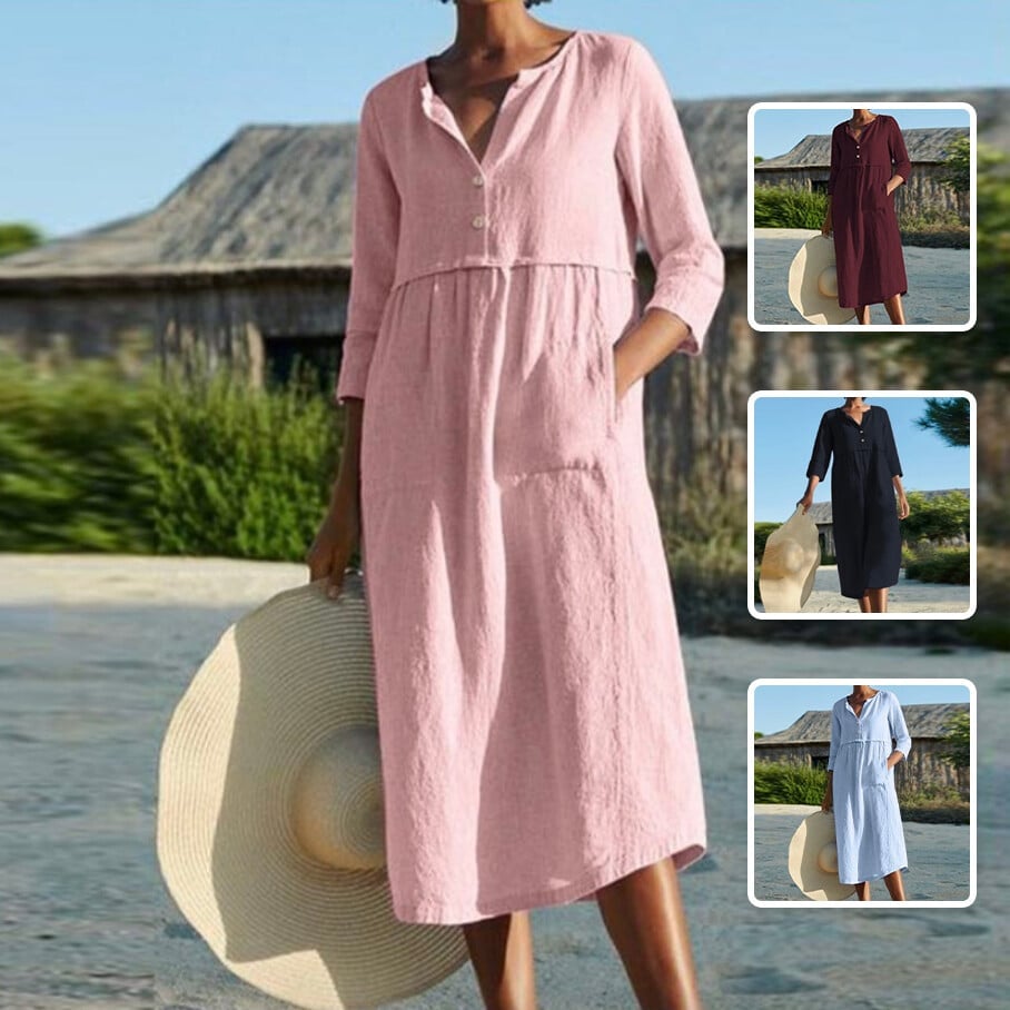 Fashion cotton linen solid color long dress with pockets