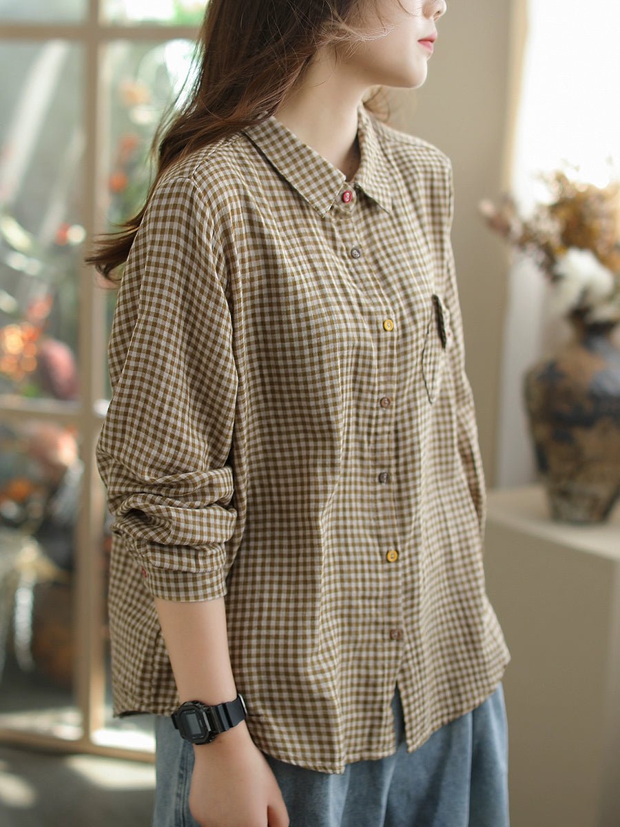 Women Summer Retro Plaid Turn-down Collar Shirt