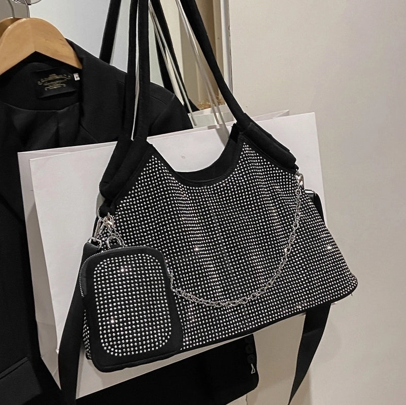Vintage Style Solid Color Rhinestone Semicircle Zipper Shoulder Bag Tote Bag