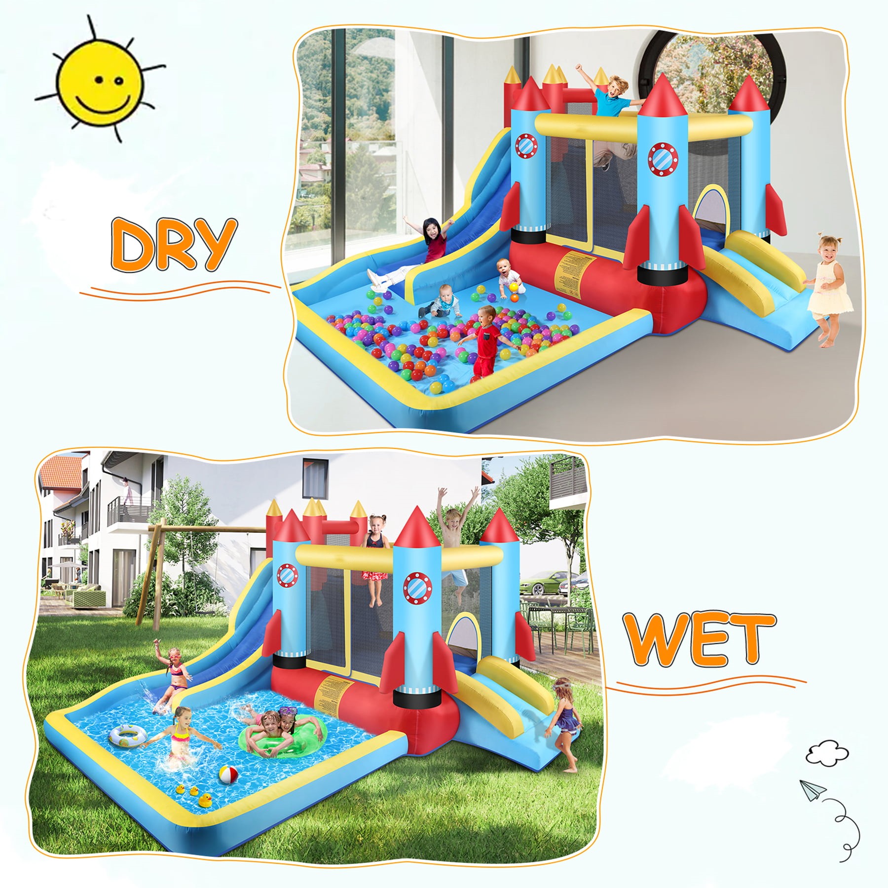 ⏰Last Day Sale $49.85💥 Inflatable Bounce House for Kids 3+ with Blower, Double Slide Climbing Wall and Ball Pit/Large Pool, Outdoor/Indoor Bounce House 146'' x 132'' x 82''