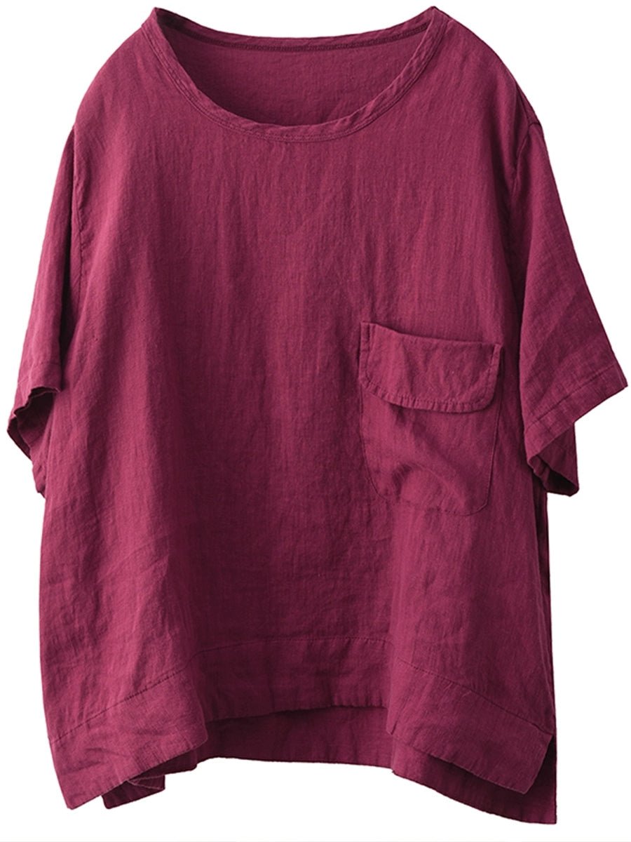 Women Summer Artsy Pure Color 100%Linen O-Neck Shirt