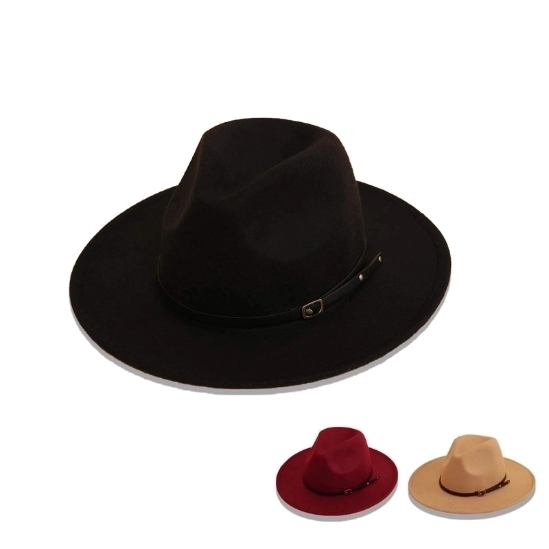 Wine Red Hat New Belt Word Buckle Top Hat Autumn And Winter Woolen Jazz Hat Wide-brimmed Sun Hat