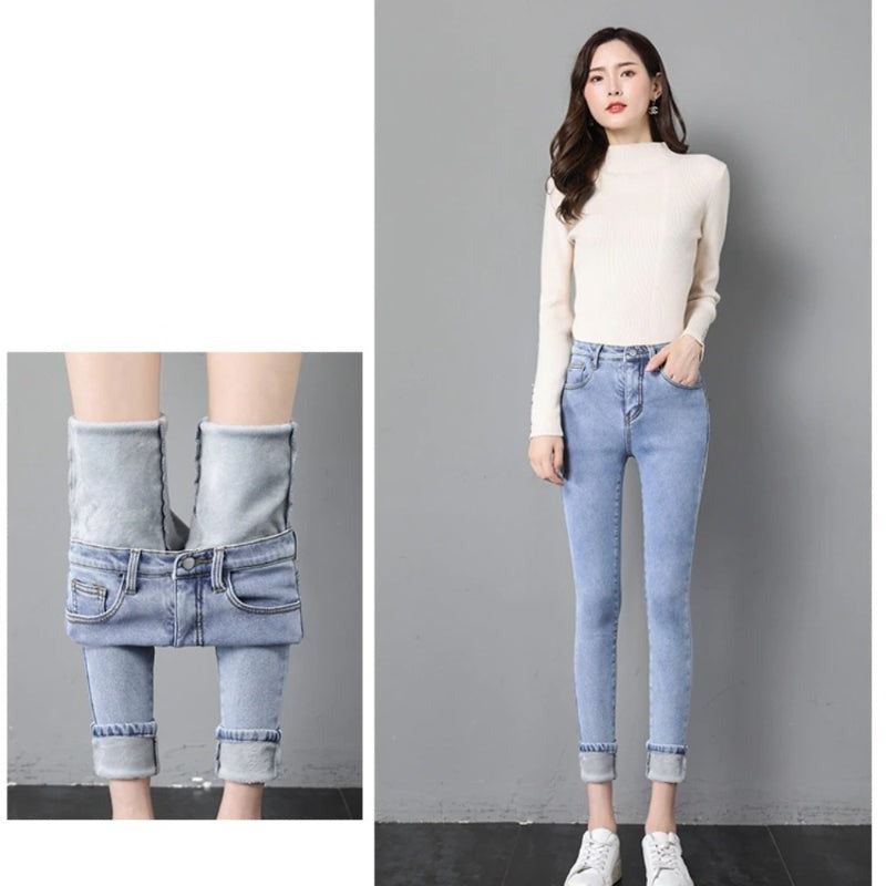 Thick Velvet High Waist Skinny Jeans For Women