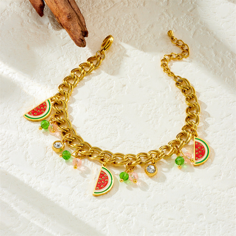 Fashion Small Fresh Cartoon Color Oil Drop Lemon Avocado Watermelon Pineapple Pendant Stainless Steel Bracelet