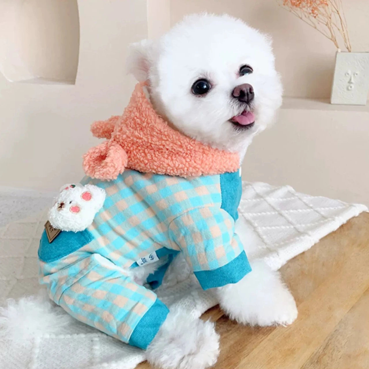 Fleece Plaid Color Block Hooded Dog Jumpsuits