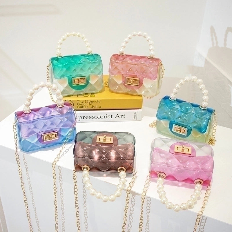 Women's Small PVC Color Block Cute Beading Square Lock Clasp Crossbody Bag Jelly Bag