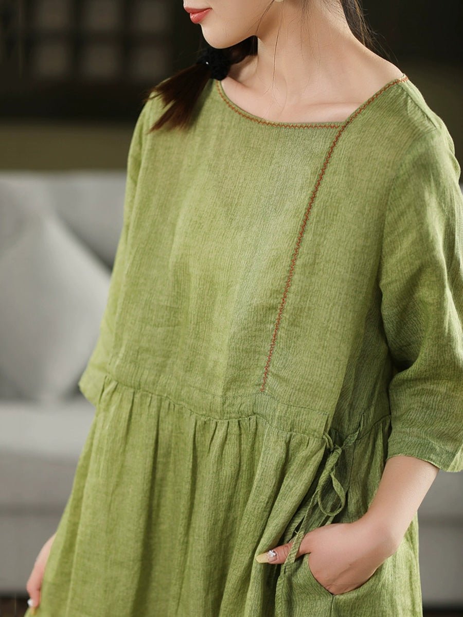 Women Summer Pure Color O-Neck 100%Ramie Dress