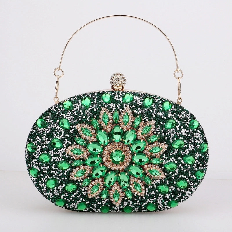 Red Green Blue Pu Leather Polyester Flower Rhinestone Oval Evening Bags