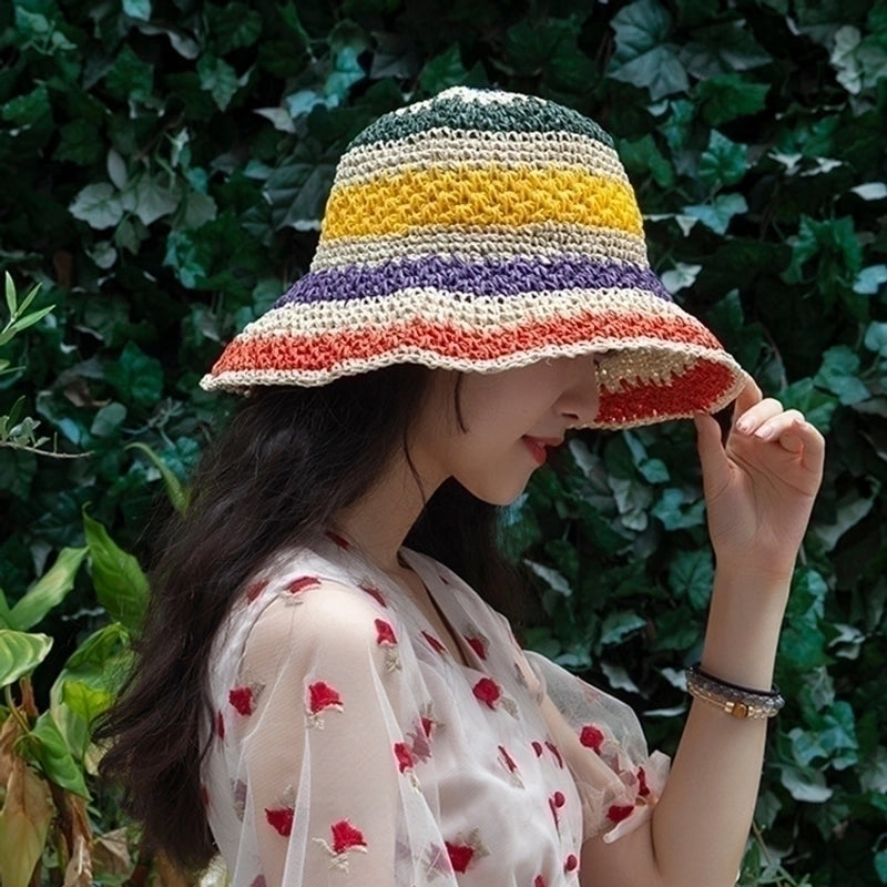 Women's Vacation Stripe Wide Eaves Straw Hat