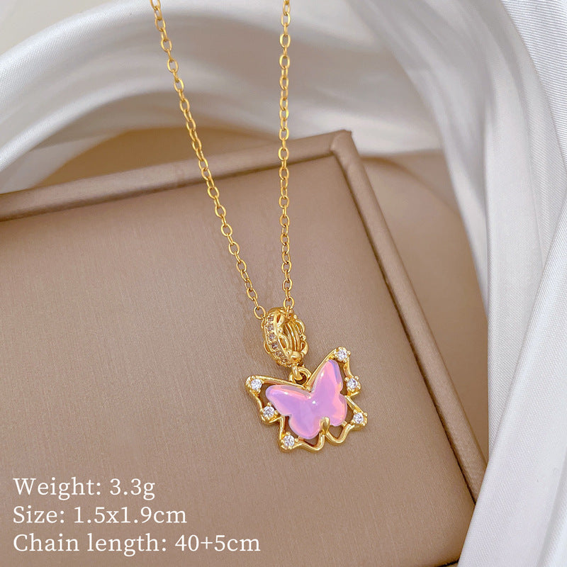 Pink Butterfly Zircon Gorgeous Full Diamond Necklace Female Versatile Clavicle Chain Titanium Steel Chain