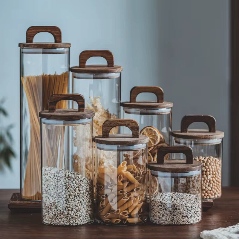 Glass Jar with Solid Wood Lid With Carry Handle Flower Tea Sealer Candy Jar Coffee Bean Organizer Coffee Storage Airtight Canister Petal Decorative Container 1000ML