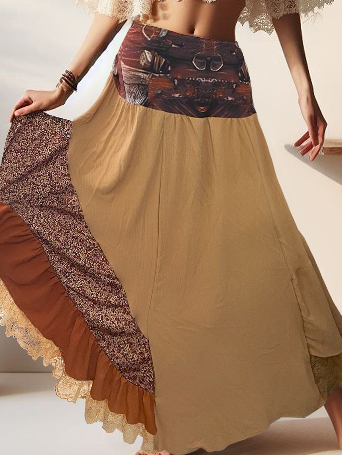 Ursime Boho High Waist Patchwork Maxi Skirt