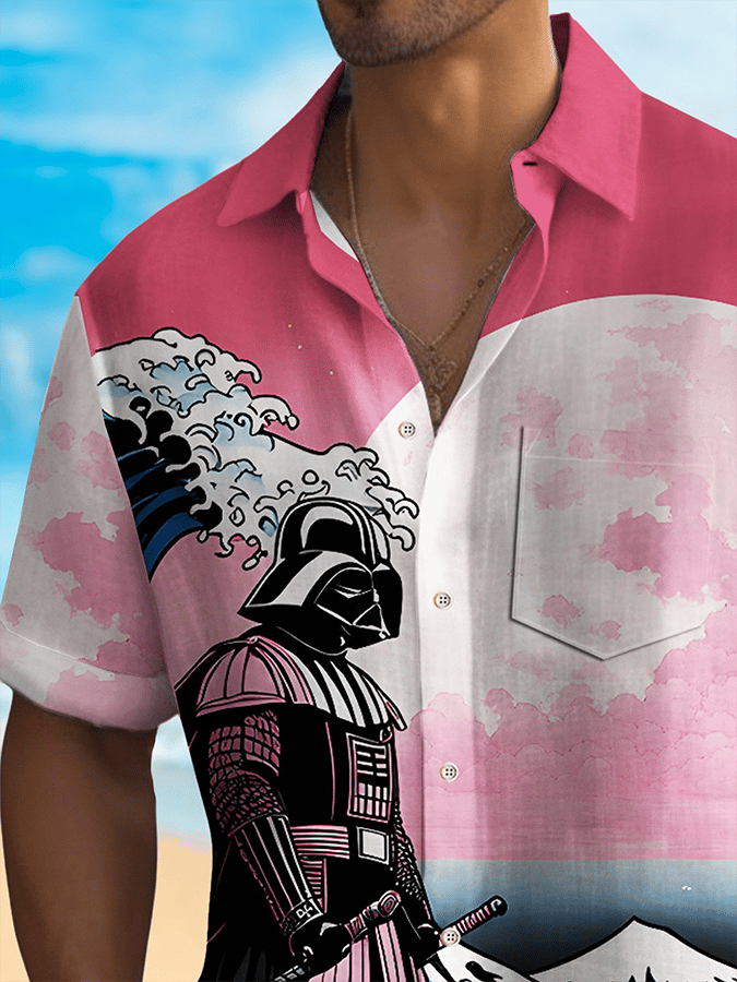 Men's Hawaiian Ukiyoe Wave Samurai Print Pocket Shirt