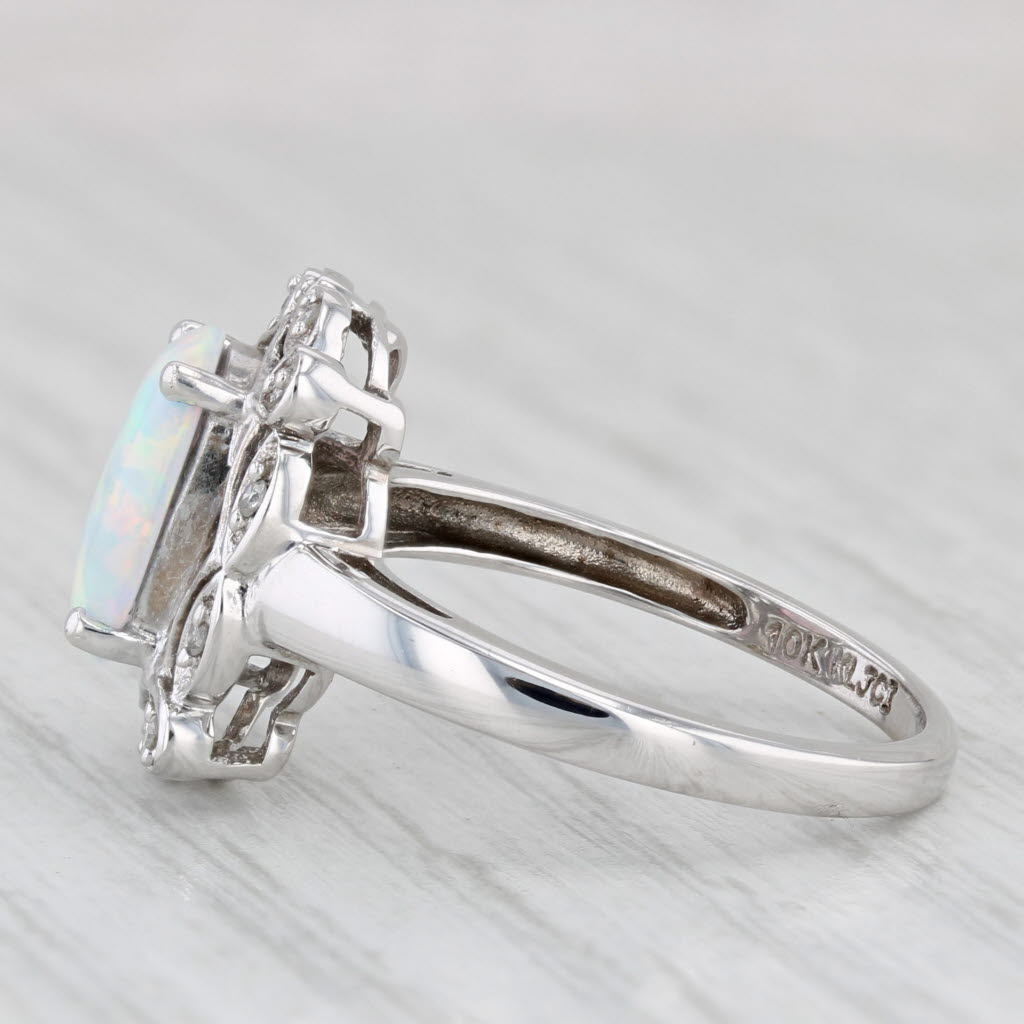 Lab Created Opal Diamond Halo Ring 10k White Gold Size 7.25 Oval Cabochon