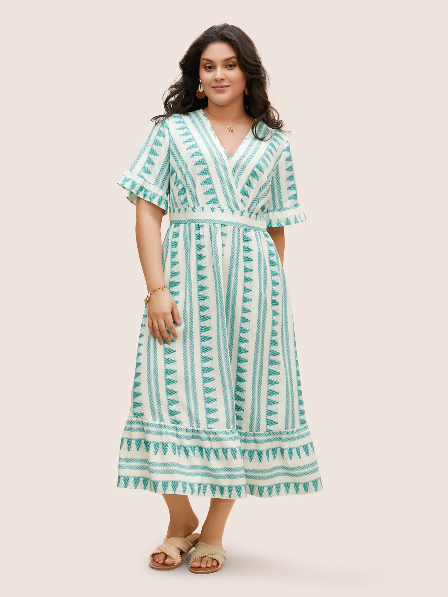 Bandana Striped Overlap Collar Flutter Hem Dress