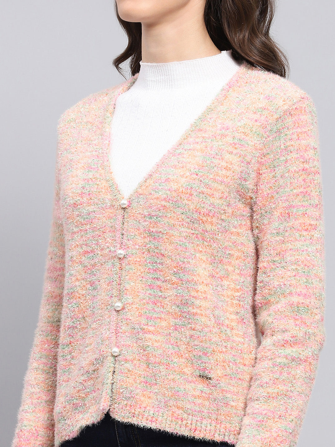 Women Pink Self Design V Neck Full Sleeve Cardigan